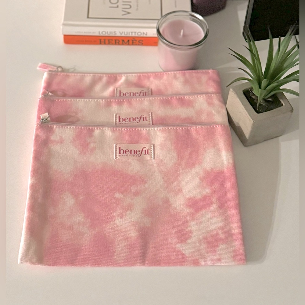 NEW Bundle 3x Benefit Makeup Bag Pink White Travel Case Cosmetic Zipper Pouch